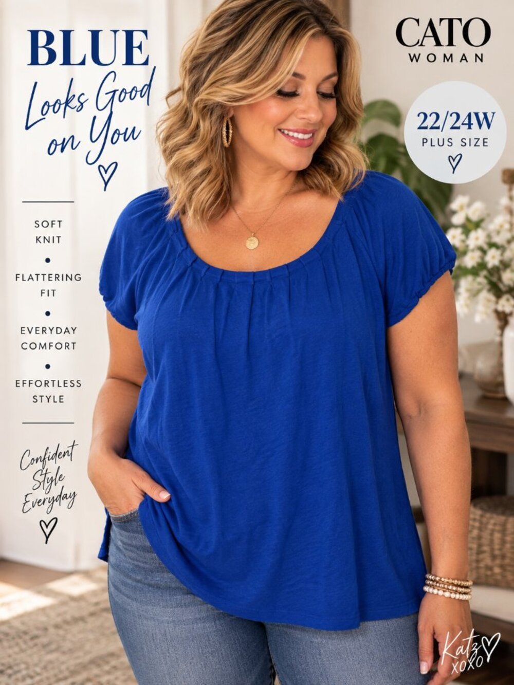 Royal Blue Cobalt Top 22 24W Plus Size Puff Sleeve Cotton Modal Loose Fit Casual